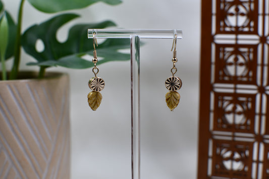 Yellow Leaf Gold Medallion Dangle Earrings