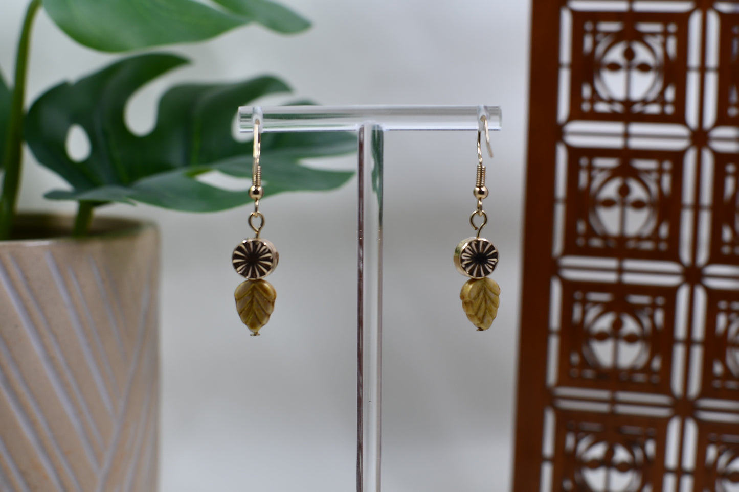 Yellow Leaf Gold Medallion Dangle Earrings