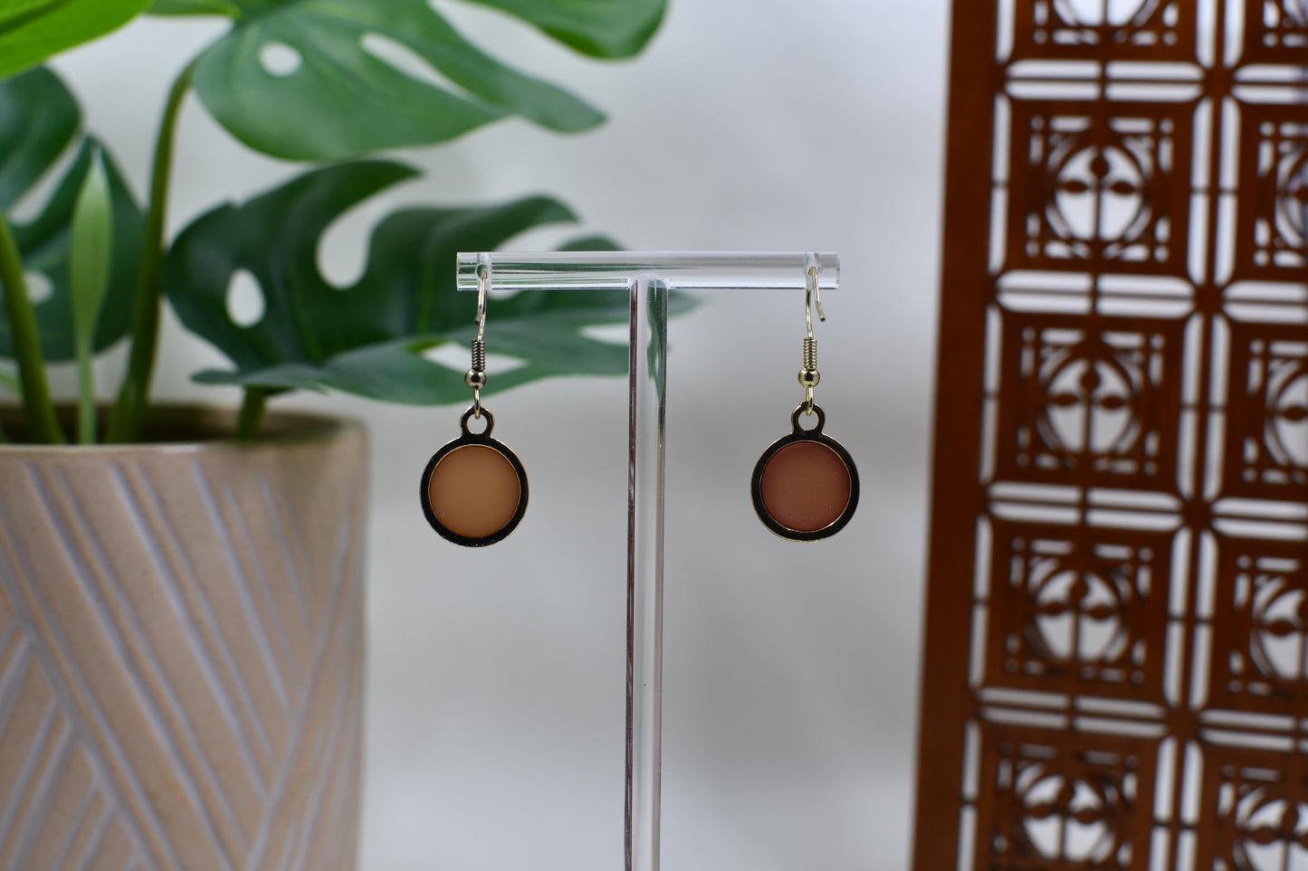 Mismatched Light and Dark Pink Gold Trimmed Dangle Earrings