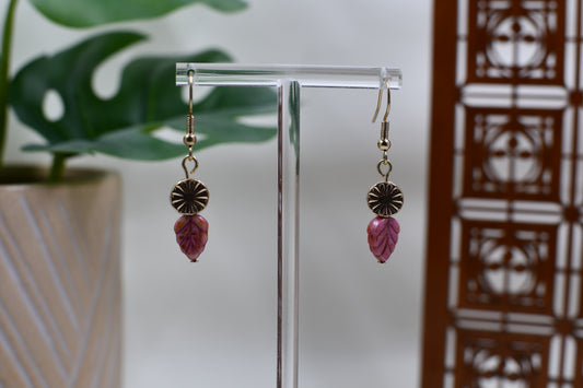 Gold Medallion Dangle Earrings with Red Leaf Charm