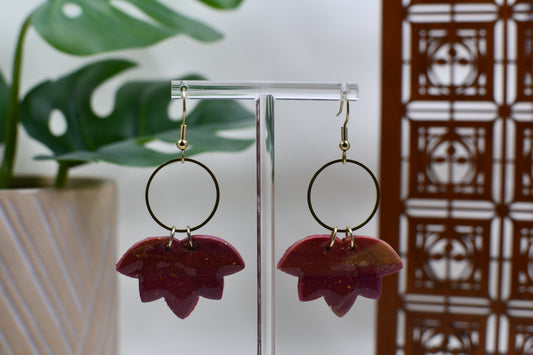 Autumn Marbled Lotus Leaf Dangle Earrings with Gold Circle Accent