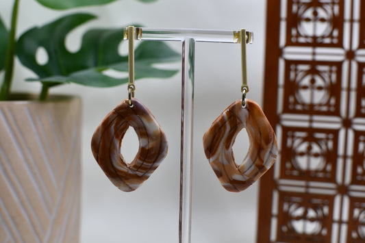 Art Deco Brown Marbled Diamond Gold Bar Drop Stud Earrings