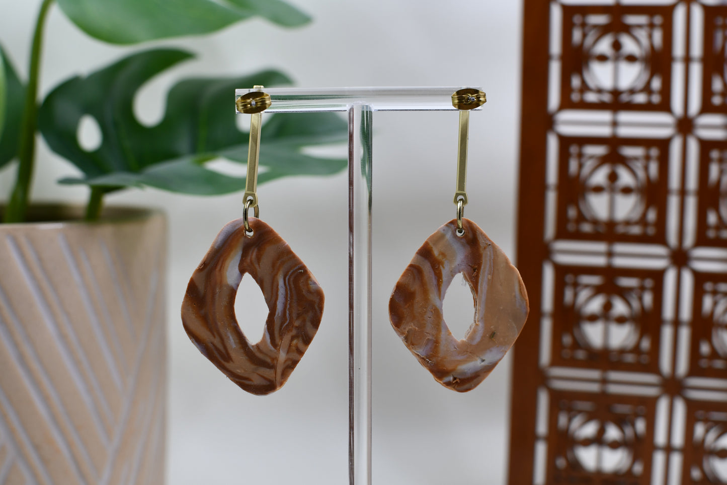 Art Deco Brown Marbled Diamond Gold Bar Drop Stud Earrings