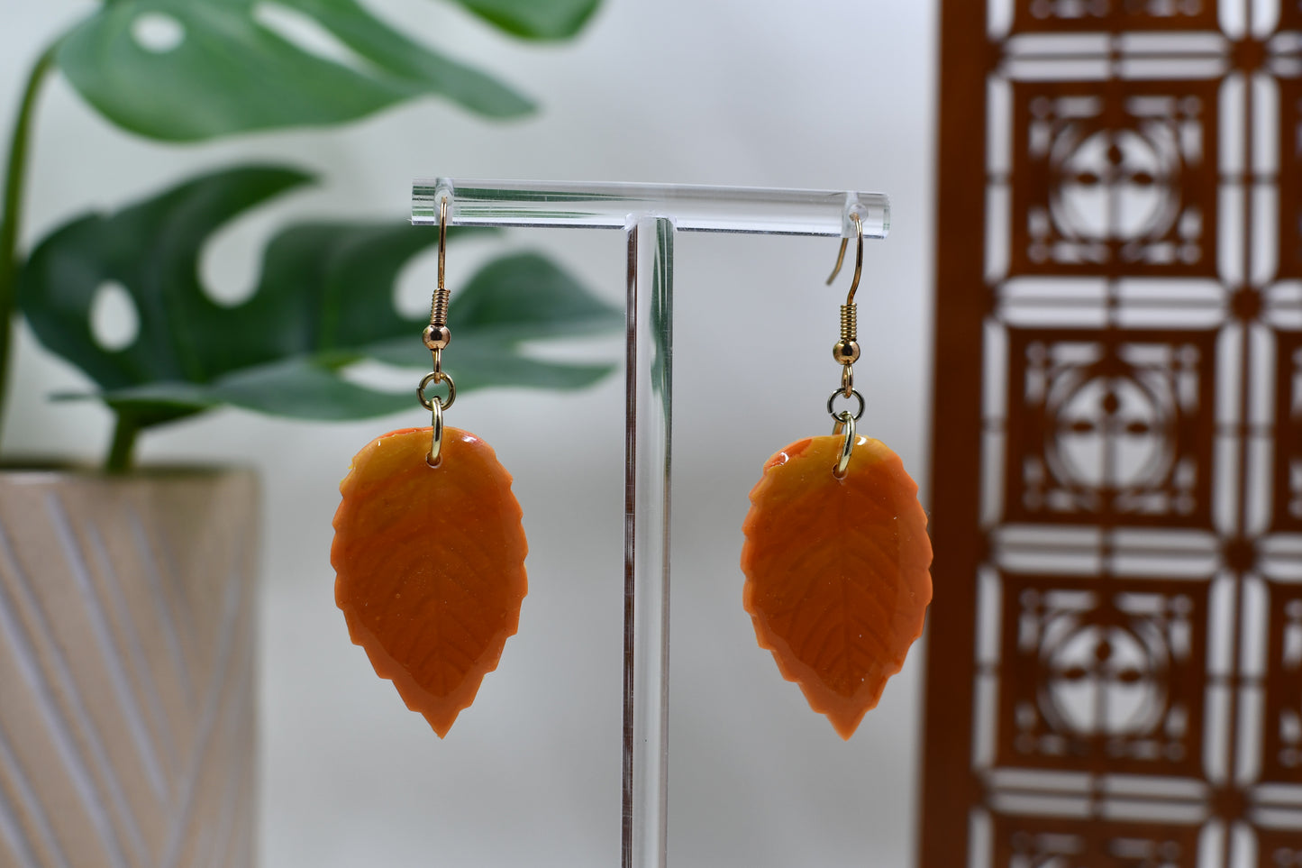Orange and Yellow Marbled Autumn Leaf Dangle Earrings