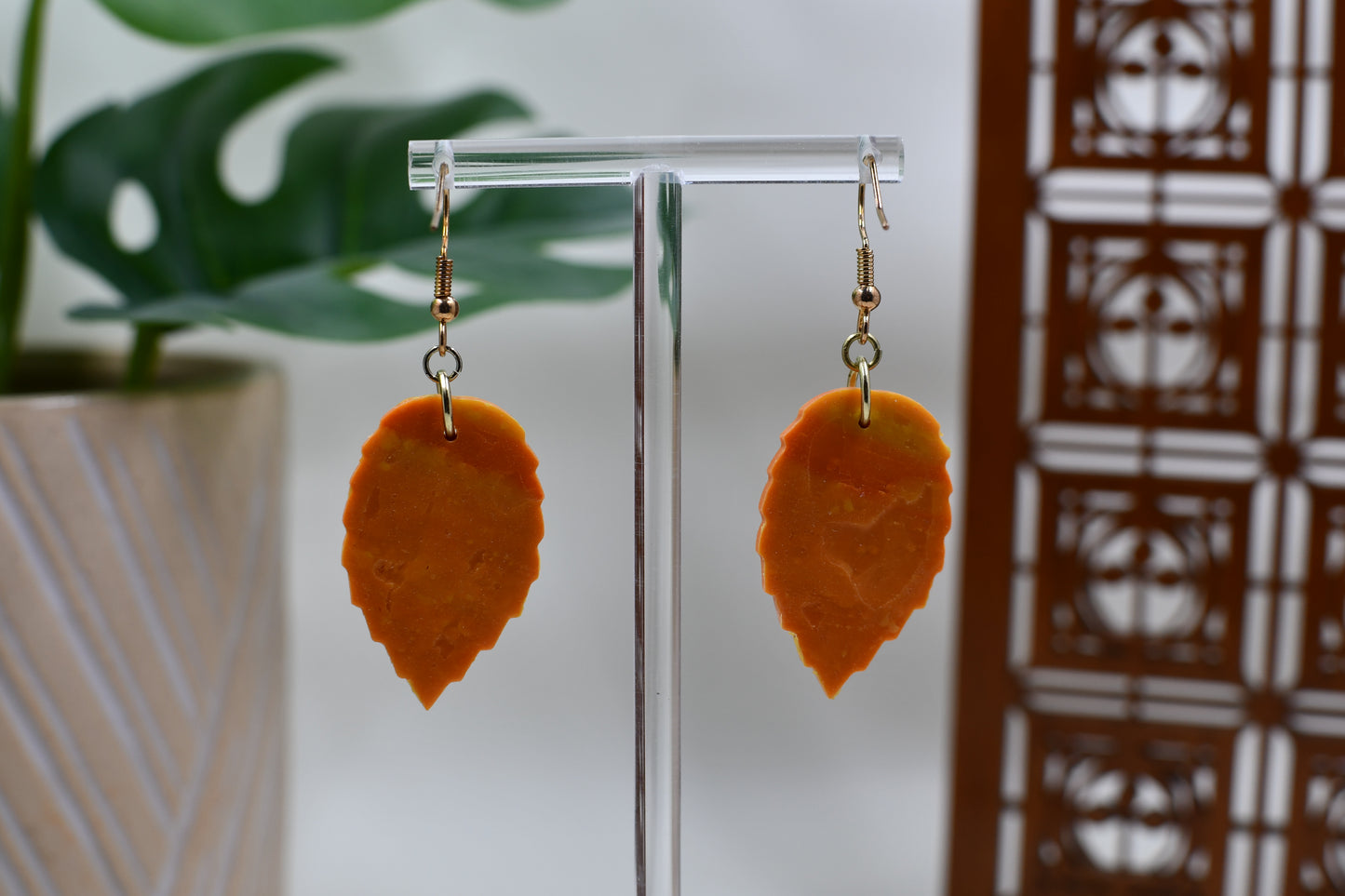 Orange and Yellow Marbled Autumn Leaf Dangle Earrings