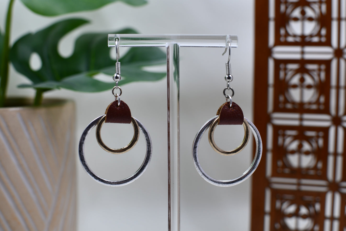 Gold and Silver Ring Dangle Earrings with Leather Accent