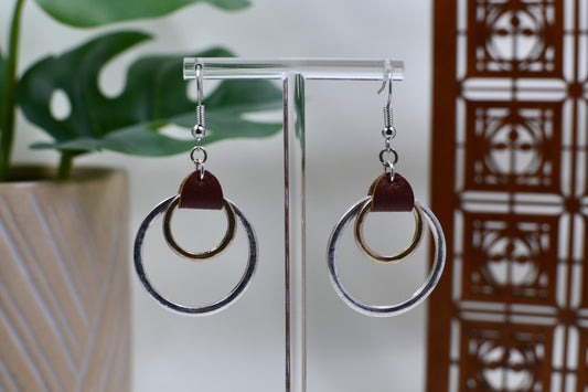 Gold and Silver Ring Dangle Earrings with Leather Accent