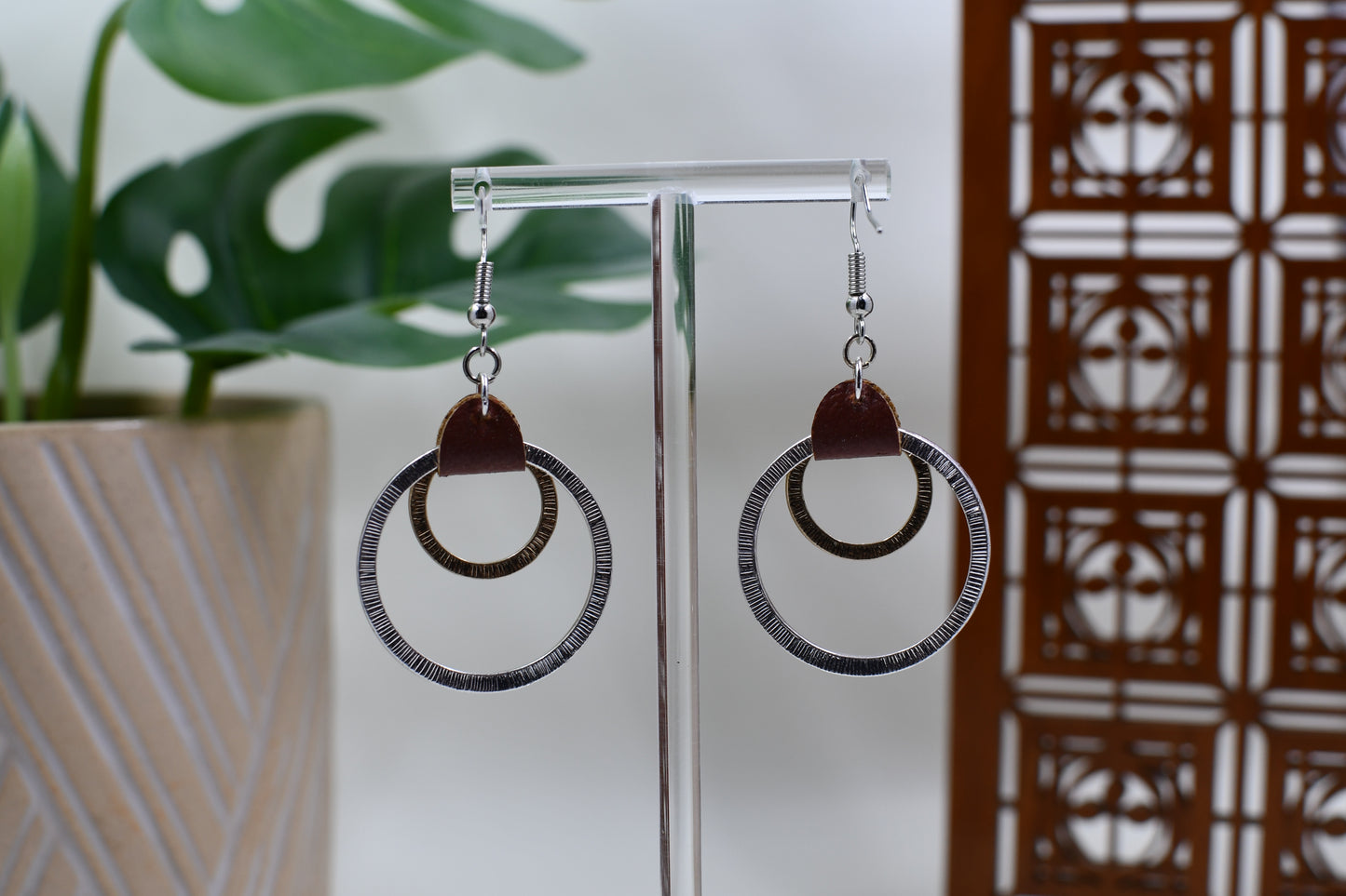 Gold and Silver Ring Dangle Earrings with Leather Accent