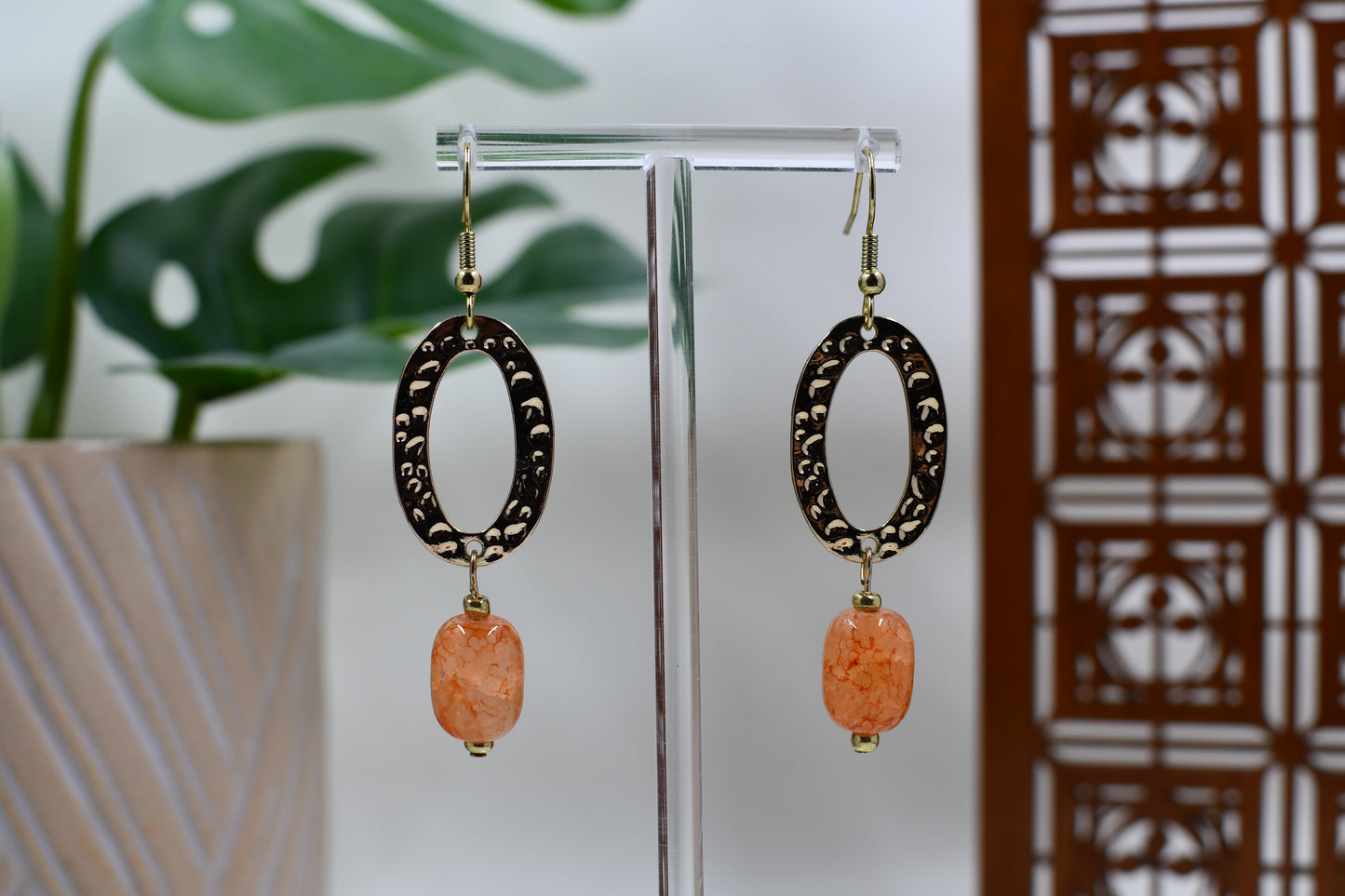 Gold Hammered Oval Dangle Earrings with Orange Crackled Glass Bead