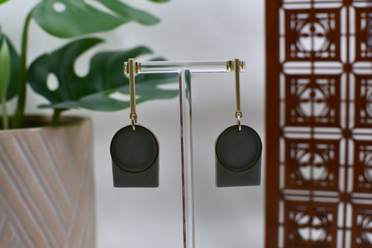 Sage Green Arch Drop Stud Earrings with Gold Bar and Circle Accents