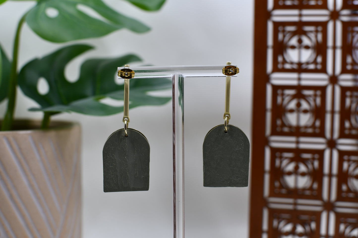 Sage Green Arch Drop Stud Earrings with Gold Bar and Circle Accents