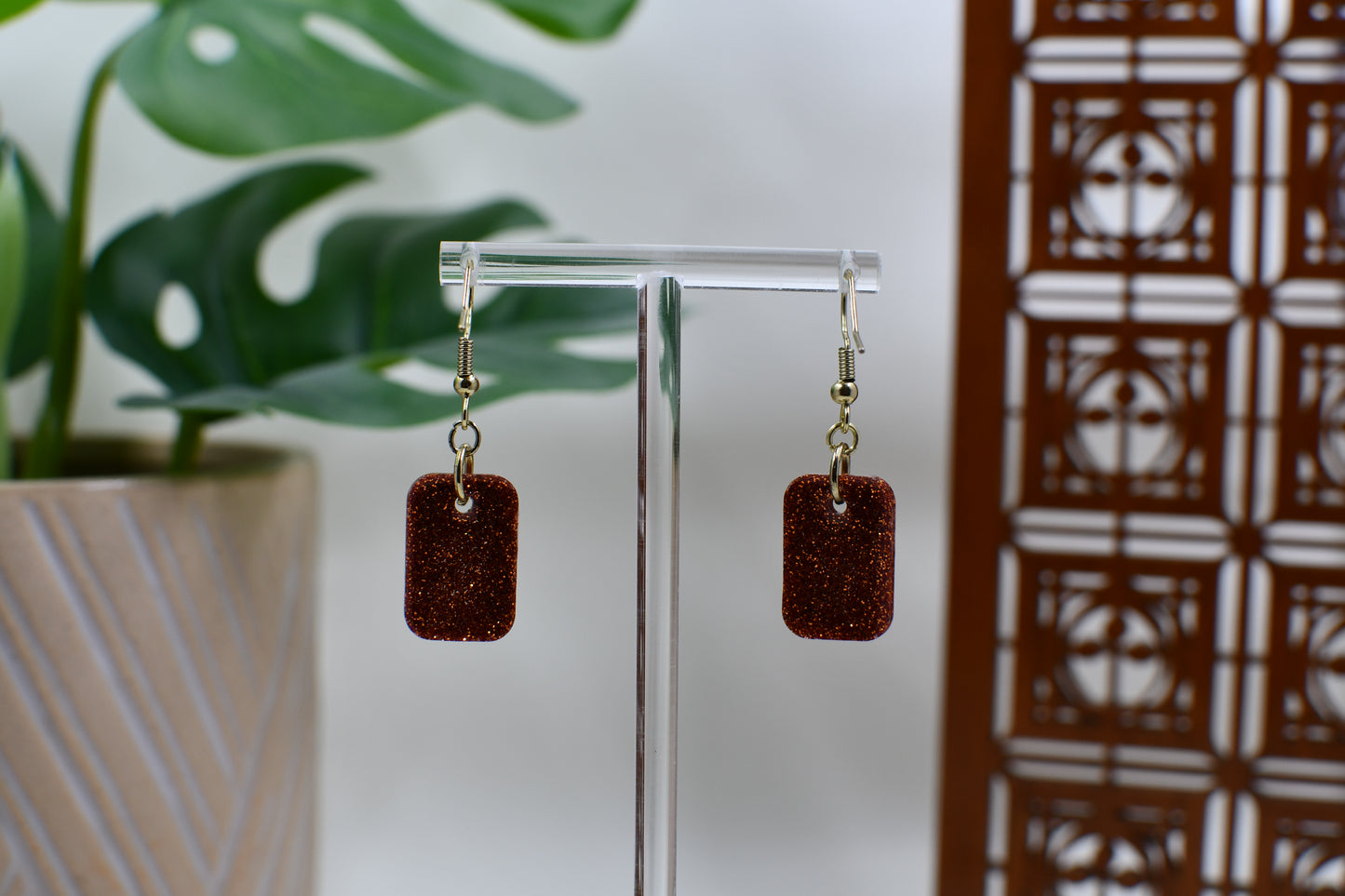 Orange Glitter Resin Rectangle Dangle Earrings
