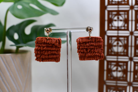 Orange Shag Carpet Square Drop Stud Earrings