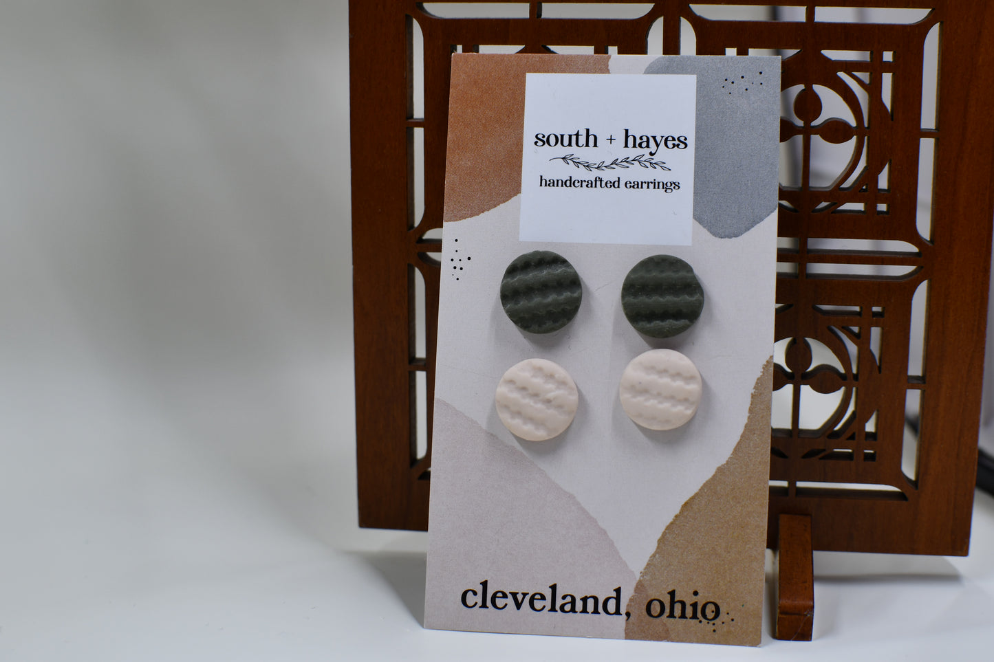 Green and Ivory Knit Textured Round Stud Earrings