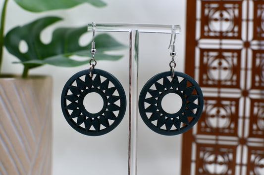 Green Wooden Wagon Wheel Dangle Earrings