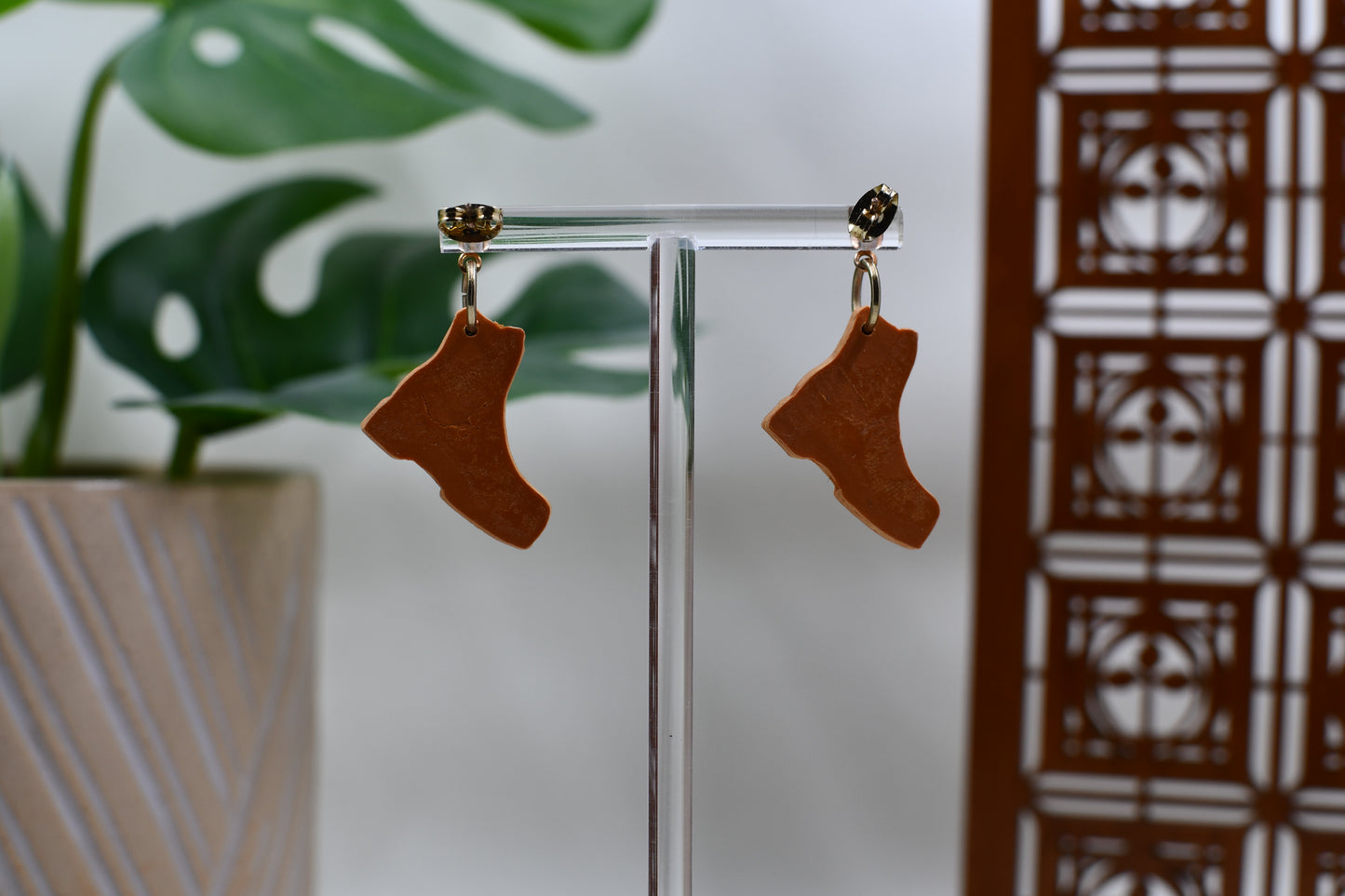 Orange Floral Embossed Fall Boots Drop Stud Earrings