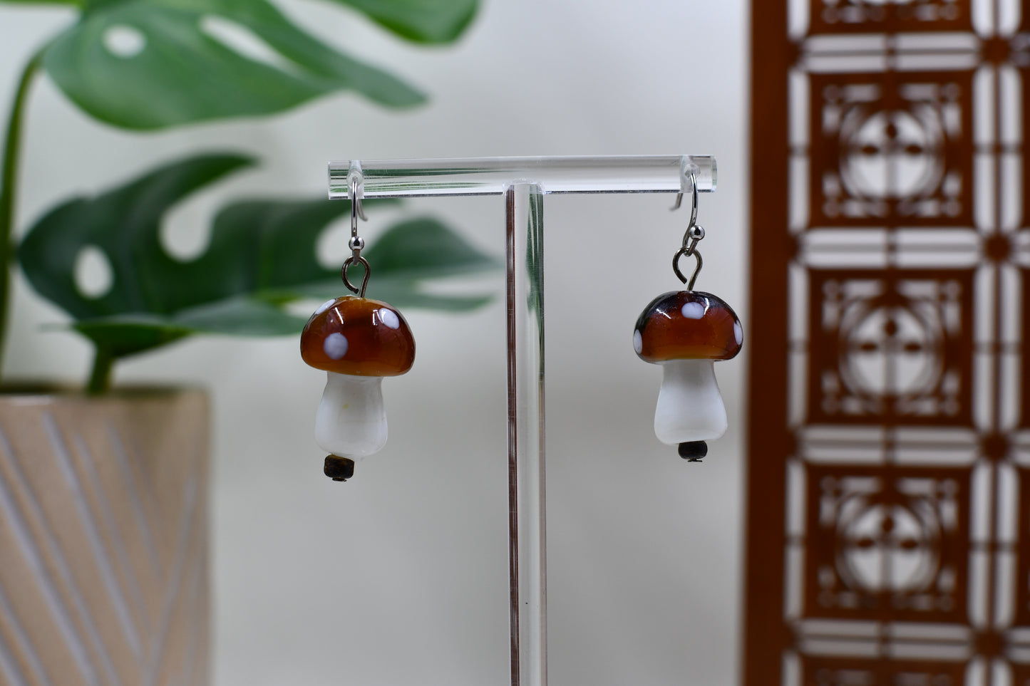 Large Brown & White Glass Mushroom Dangle Earrings