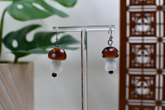 Large Brown & White Glass Mushroom Dangle Earrings