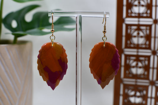 Red and Orange Marble Autumn Leaf Dangle Earrings