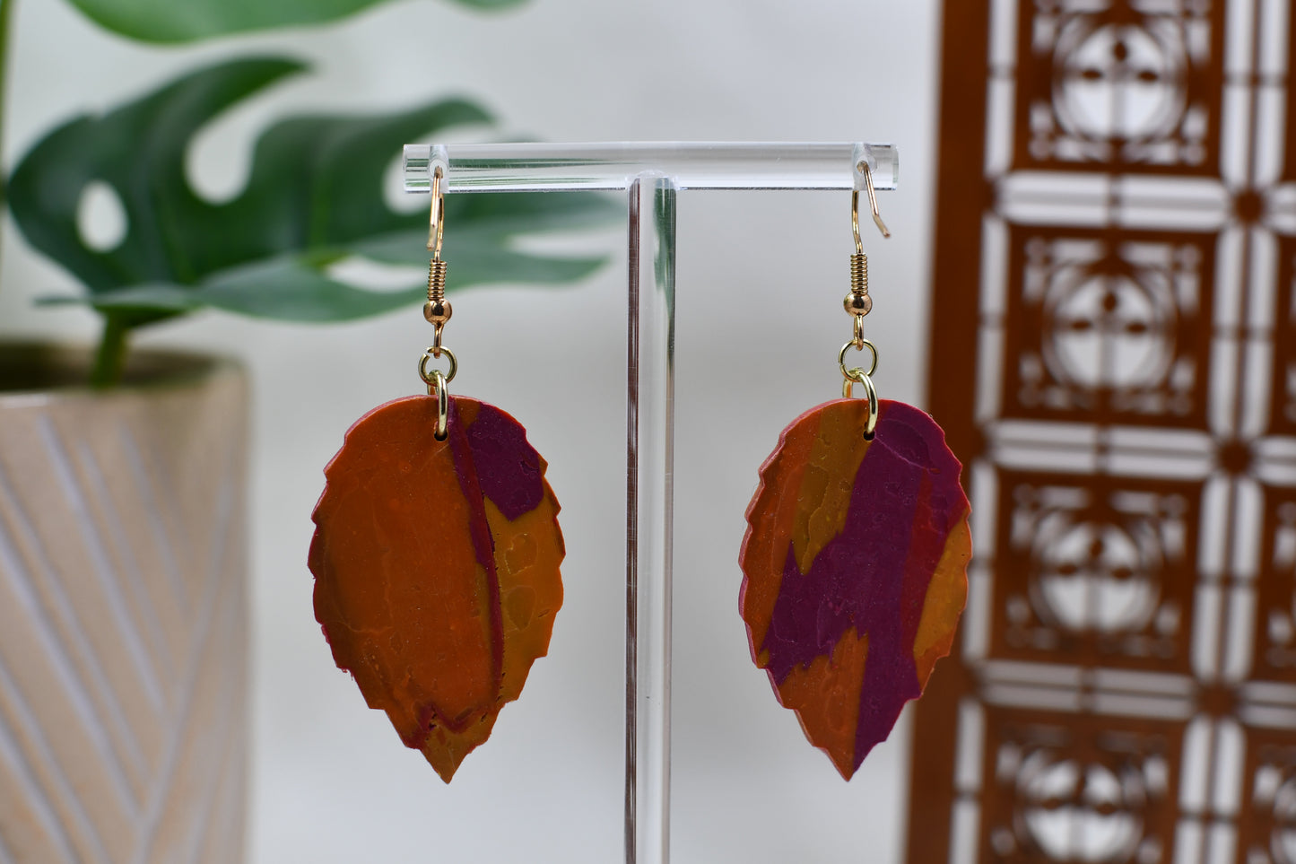 Red and Orange Marble Autumn Leaf Dangle Earrings