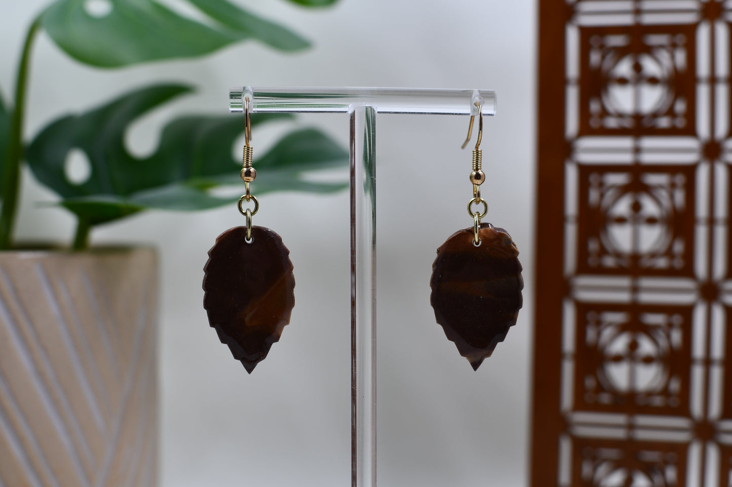 Brown Marble Autumn Leaf Dangle Earrings