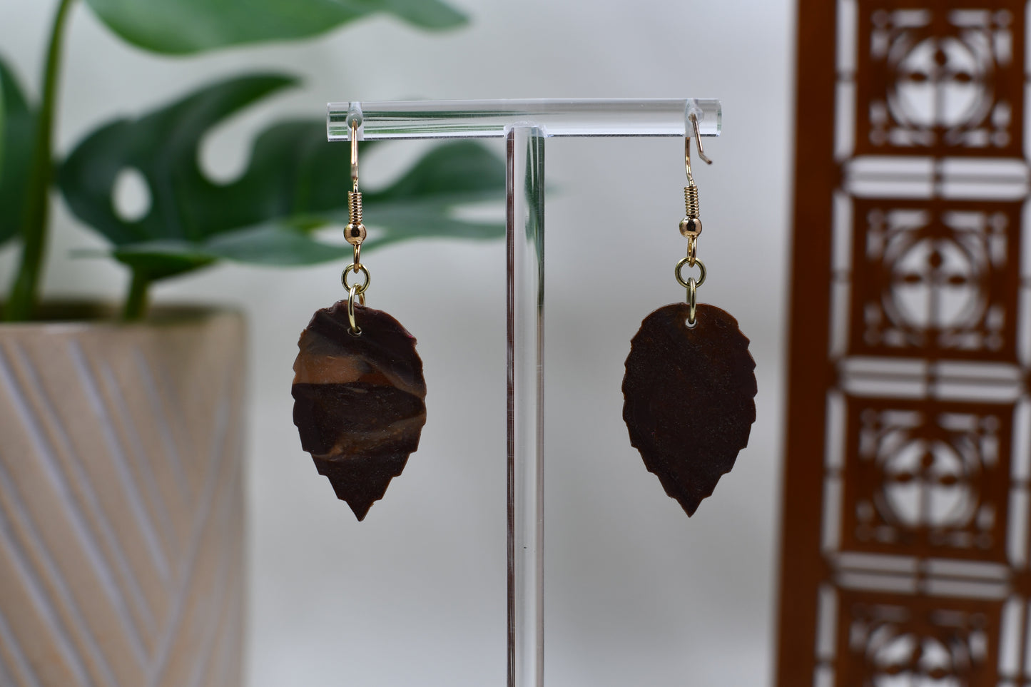 Brown Marble Autumn Leaf Dangle Earrings