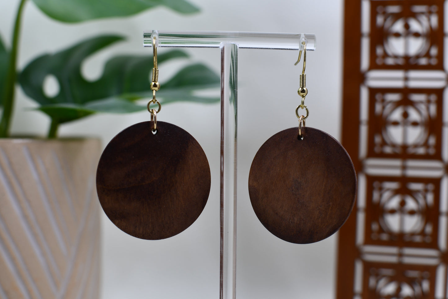 Wood Coin Dangle Earrings