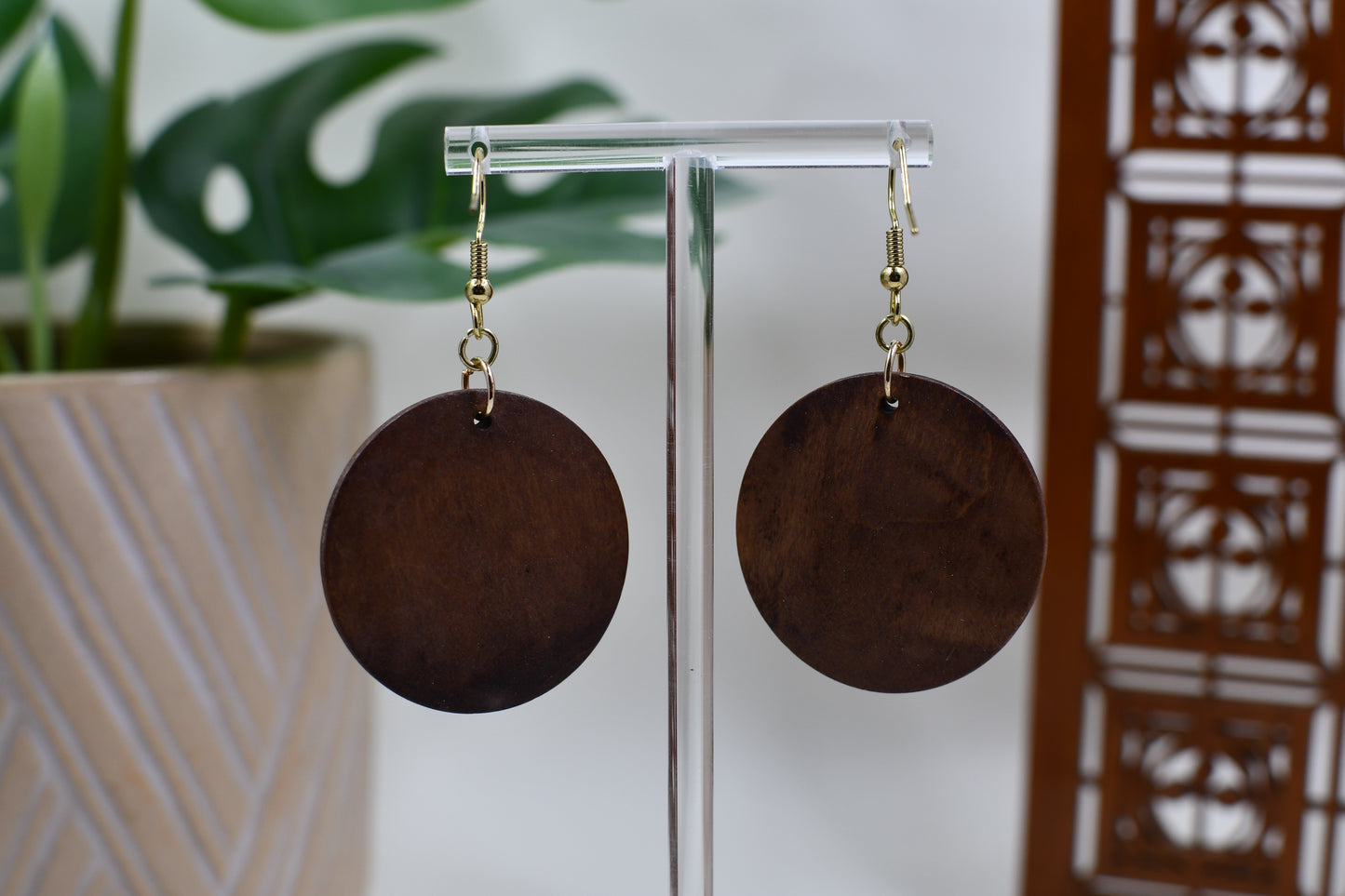 Wood Coin Dangle Earrings