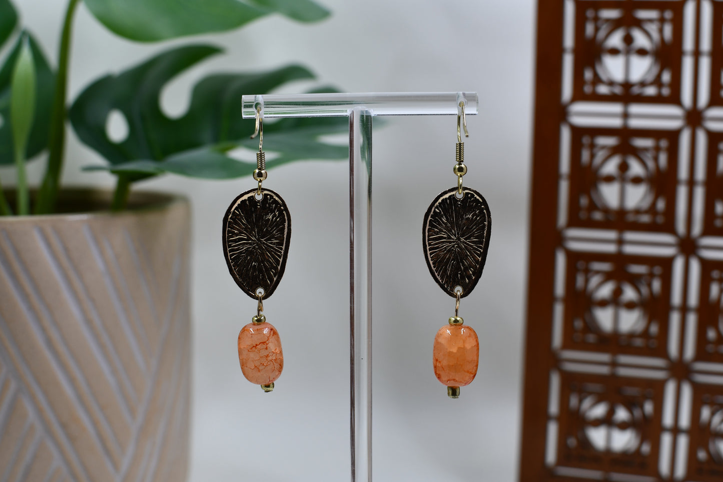 Abstract Gold Hammered with Orange Glass Crackle Bead Dangle Earrings