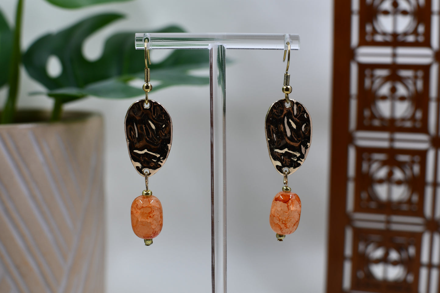 Abstract Gold Hammered with Orange Glass Crackle Bead Dangle Earrings