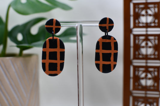 Brown Era Orange and Black Plaid Oval Drop Stud Earrings