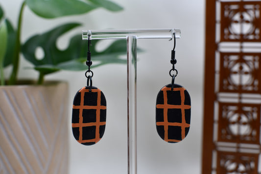 Brown Era Black & Orange Plaid Oval Dangle Earrings