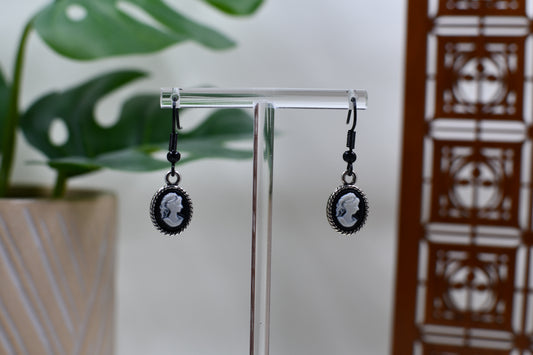 White Era Mini Cameo Silhouette Dangle Earrings