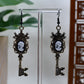 White Era Cameo Skeleton Key Rhinestone Dangle Earrings
