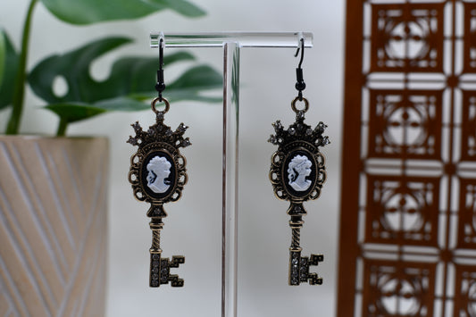 White Era Cameo Skeleton Key Rhinestone Dangle Earrings