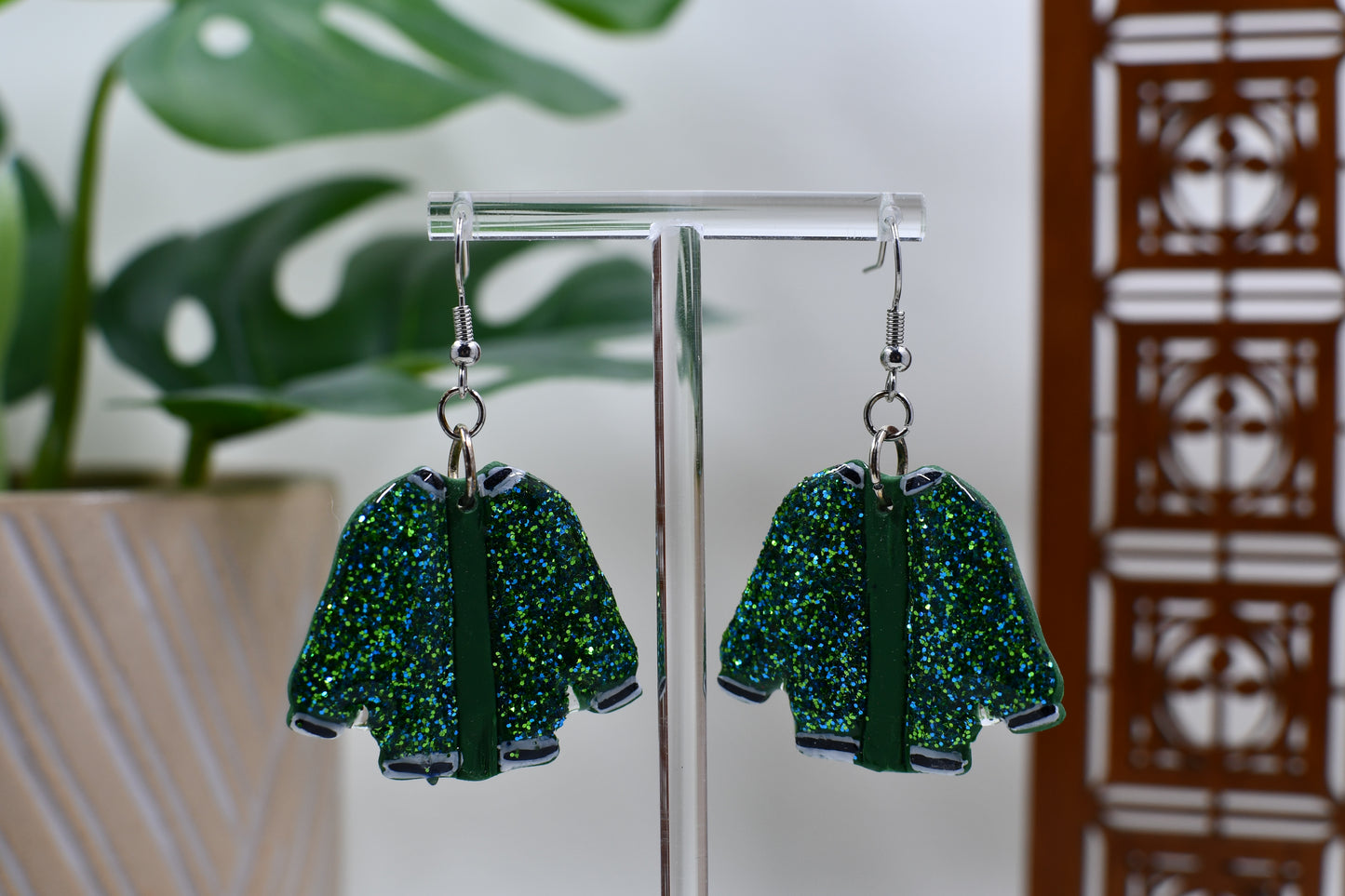 Light Blue Era Green Sequin Glitter Jacket Dangle Earrings