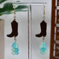 Green Era Western Cowboy Boot with Teal Flower Dangle Earrings