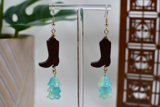 Green Era Western Cowboy Boot with Teal Flower Dangle Earrings