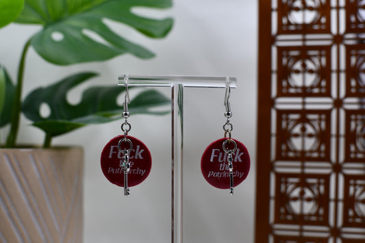 Red Era Fuck the Patriarchy Silver Print Keychain Dangle Earrings