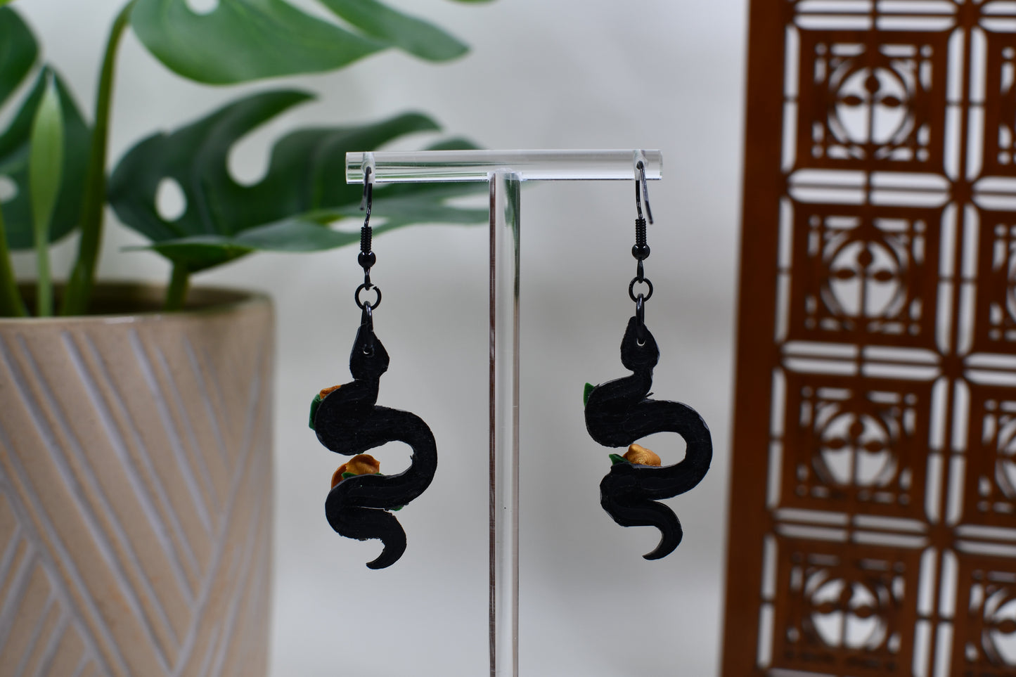 Black Era Snakes with Gold Roses Dangle Earrings