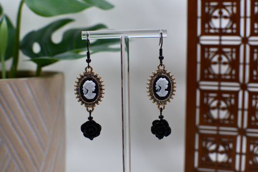 White Era Cameo and Black Rose Dangle Earrings