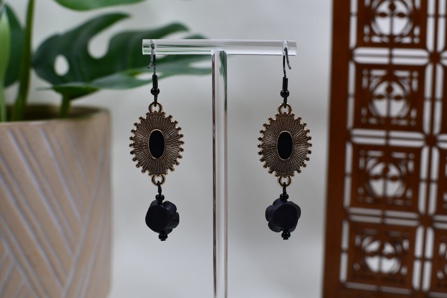 White Era Cameo and Black Rose Dangle Earrings