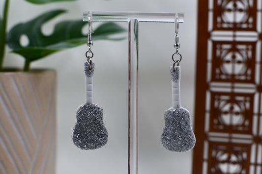 Yellow Era White/Silver Sparkle Guitar Dangle Earrings