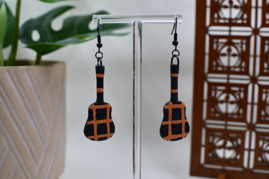 Brown Era Plaid Guitar Dangle Earrings
