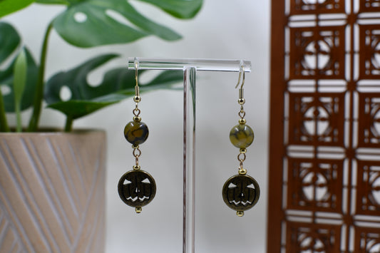 Gold Jack O'Lantern Dangle Earrings with Green/Brown Marbled Bead