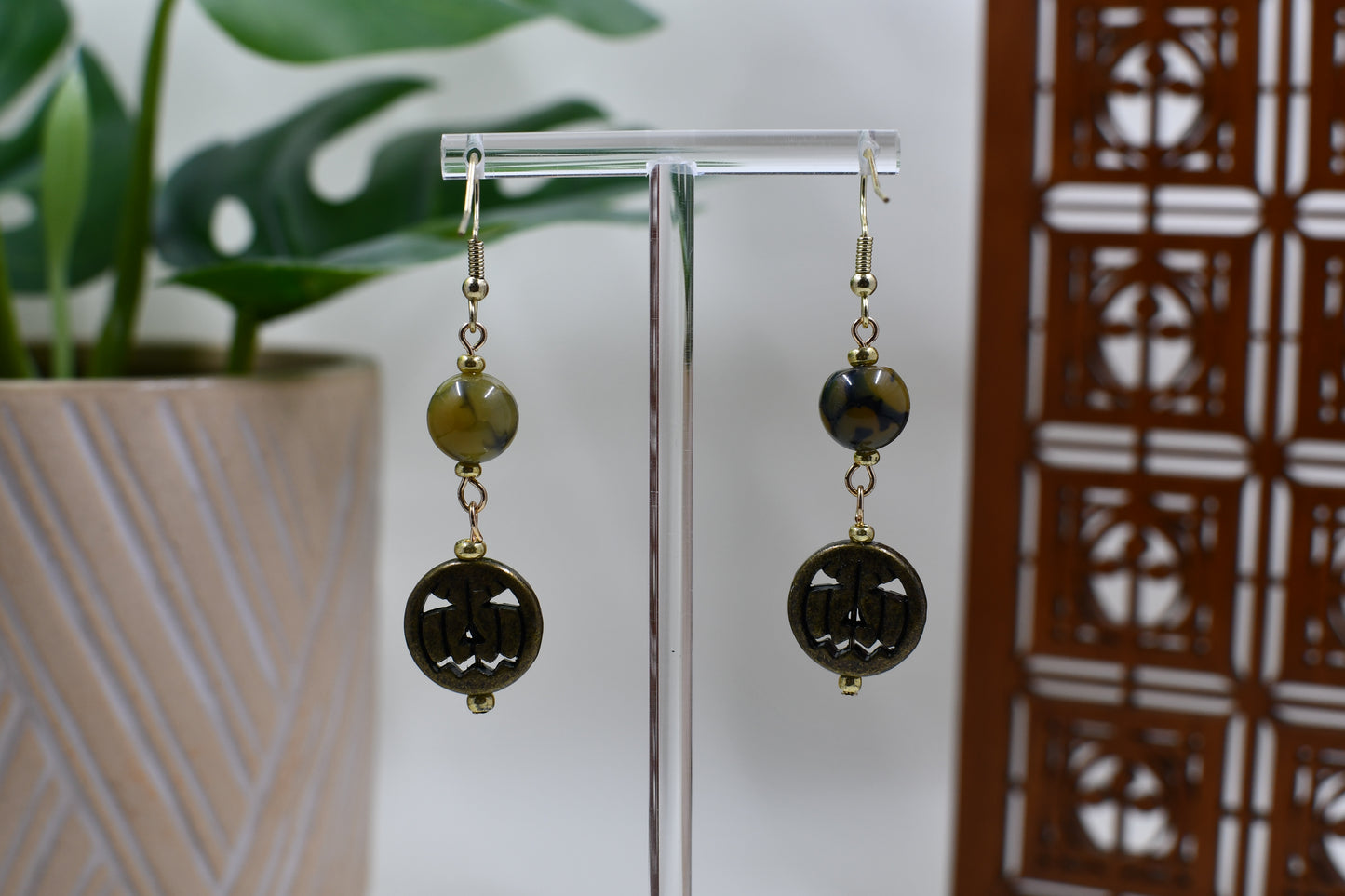 Gold Jack O'Lantern Dangle Earrings with Green/Brown Marbled Bead