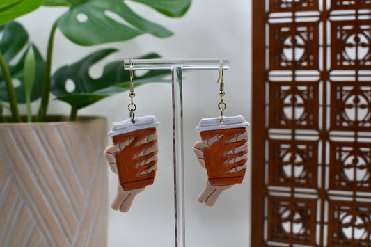 Spooky Skeleton Hand with Orange Coffee Cup Dangle Earrings