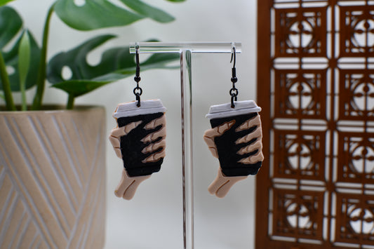 Spooky Skeleton Hand with Black Coffee Cup Dangle Earrings