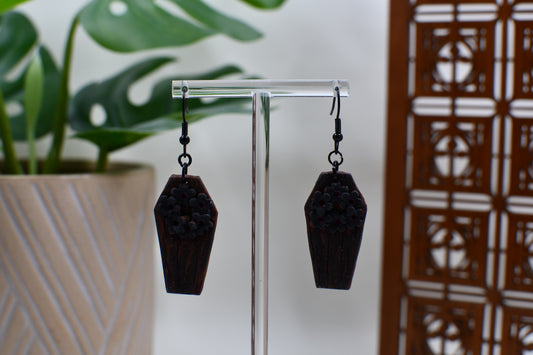 Wood Coffin with Red Flower Wreath Dangle Earrings