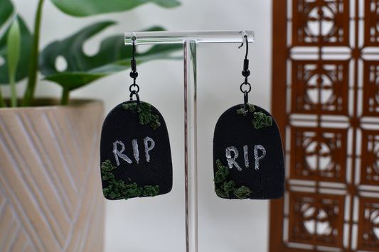 Black RIP Tombstone with Moss Dangle Earrings